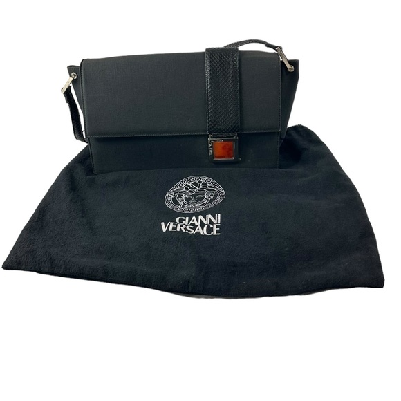 Vintage GIANNI VERSACE black canvas shoulder bag snake trim with duster - Picture 5 of 16